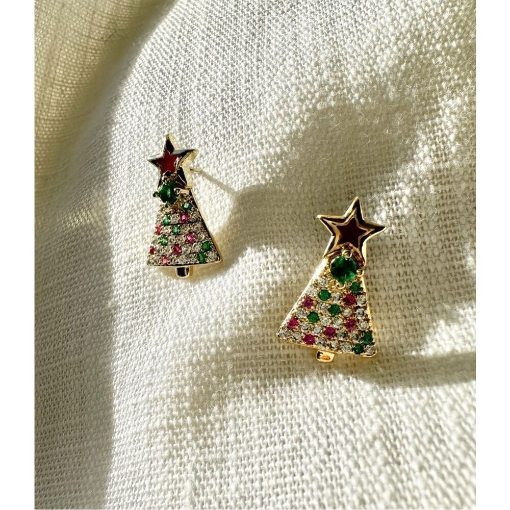 Multicolor cubic zirconia Christmas tree star stud earrings 